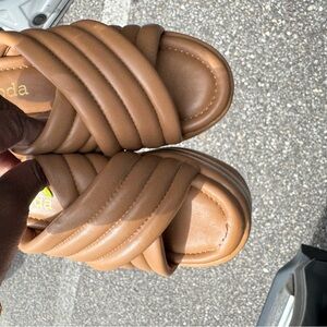 Tan Quilted Slide Sandals